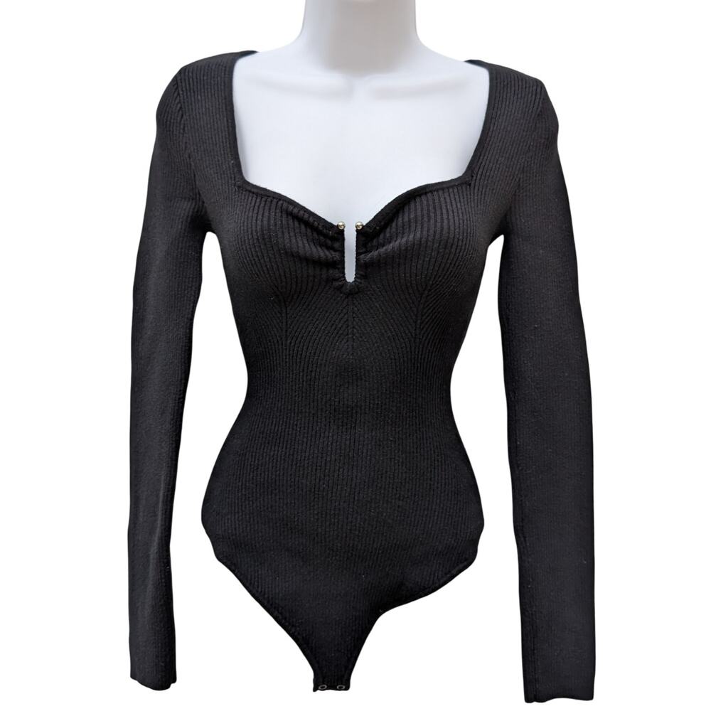Abercrombie & Fitch Black Ribbed Long Sleeve Bodysuit W/Metal Detail Women's XS